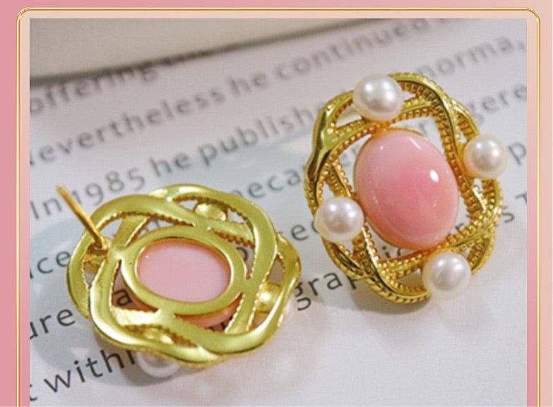 Pink Queen Conch Shell Pearl Earrings in Gold Vermeil