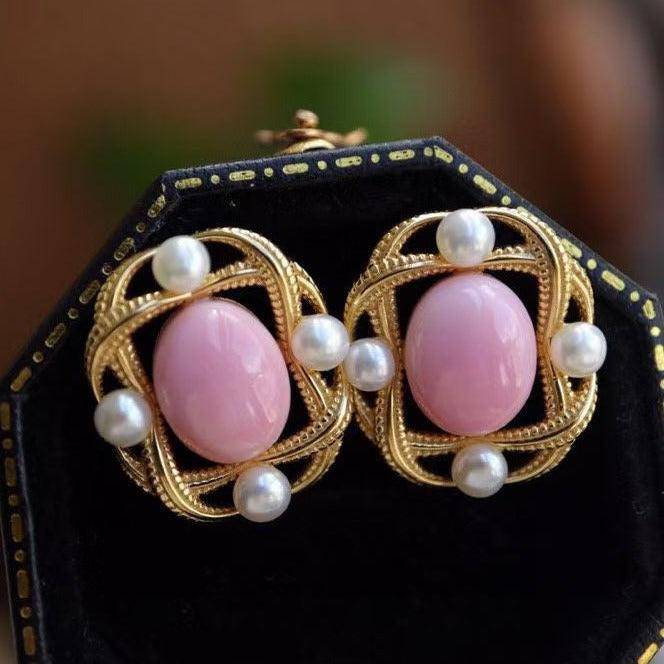 Pink Queen Conch Shell Pearl Earrings in Gold Vermeil