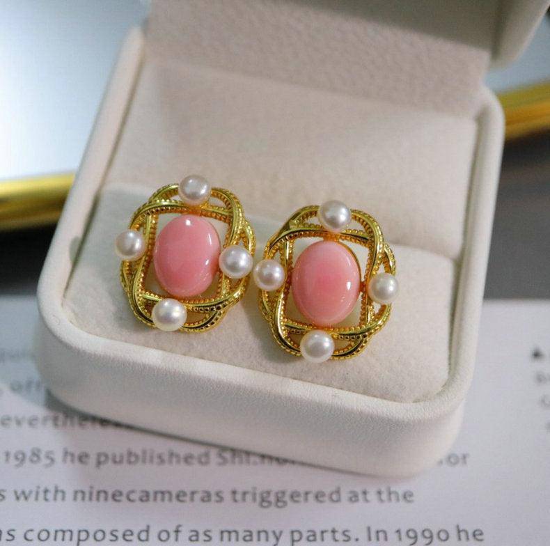 Pink Queen Conch Shell Pearl Earrings in Gold Vermeil