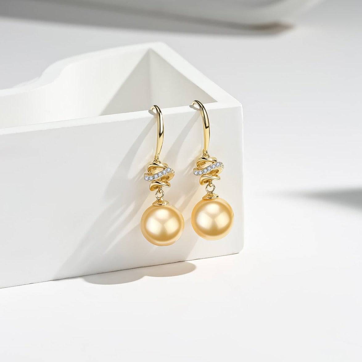 Elegant Golden South Sea Pearl and CZ Drop Earrings