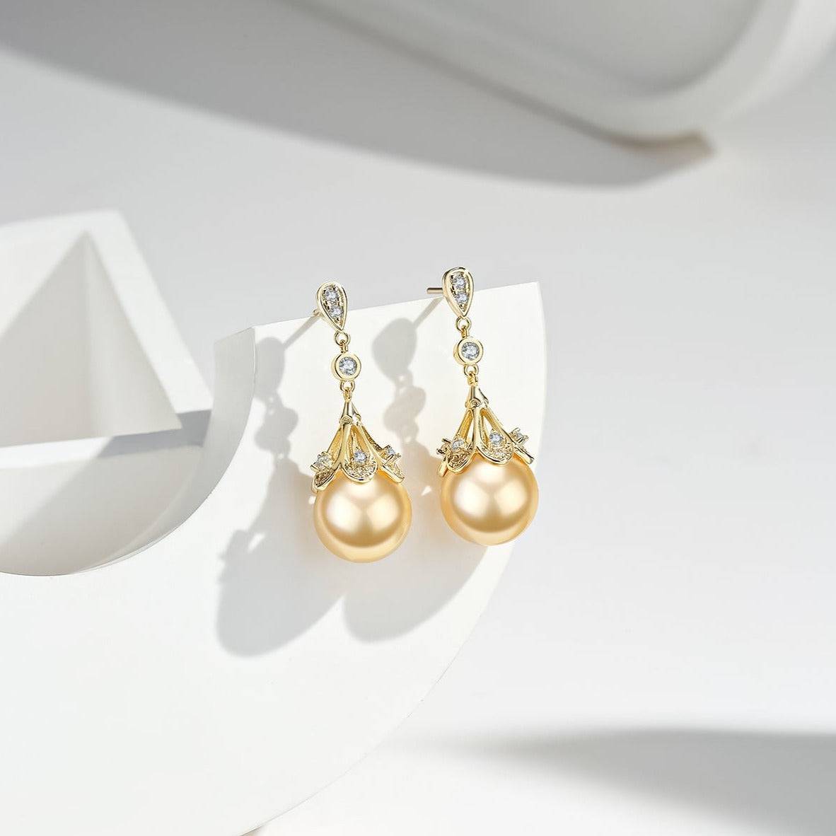 Elegant Golden South Sea Pearl and CZ Earrings 2