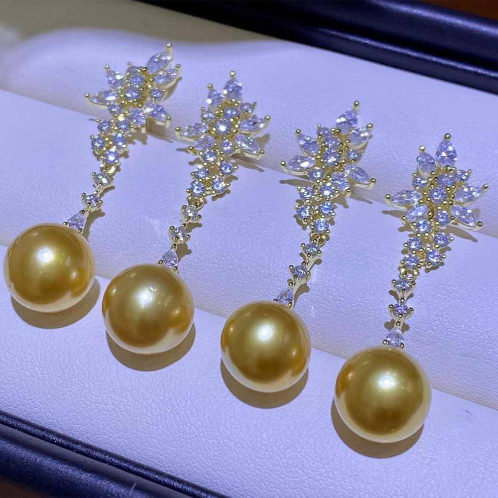 Snowflake Design Earrings with Golden South Sea Pearls