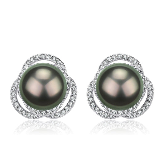 Tahitian Pearl and CZ Rose Earrings in Silver