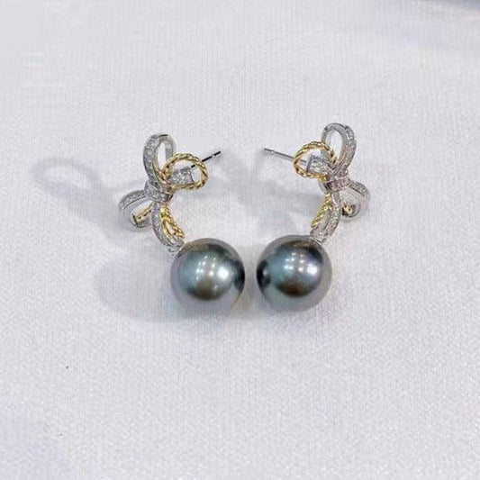 Tahitian Pearl and CZ Bow Style Earrings