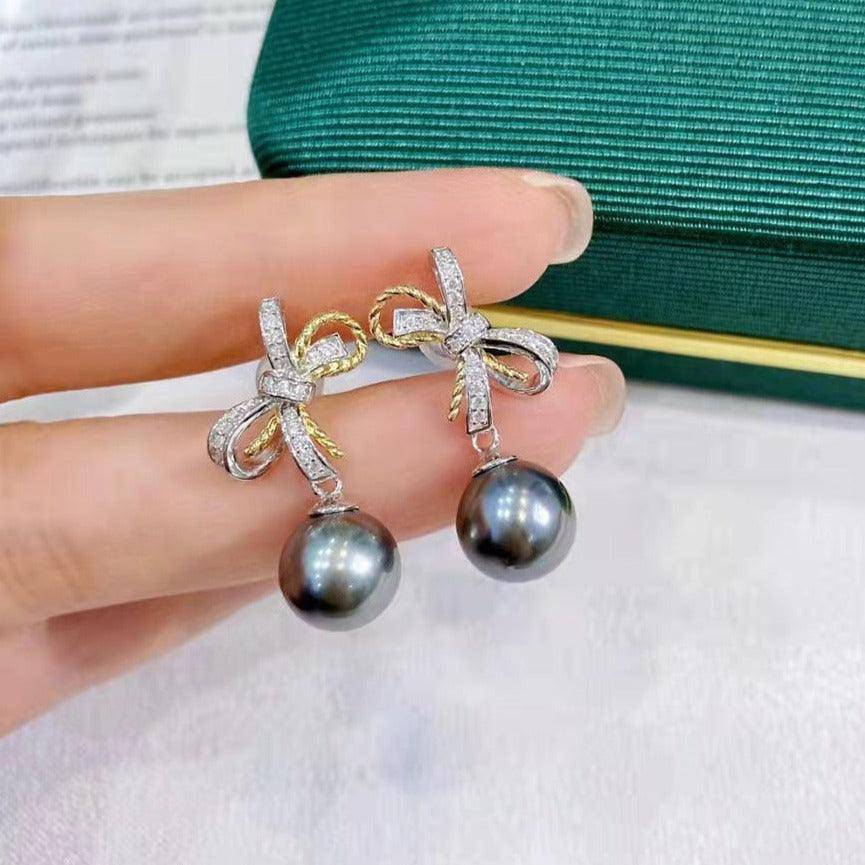 Tahitian Pearl and CZ Bow Style Earrings