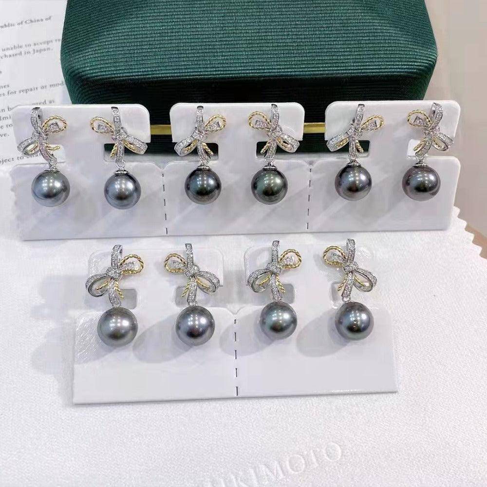 Tahitian Pearl and CZ Bow Style Earrings