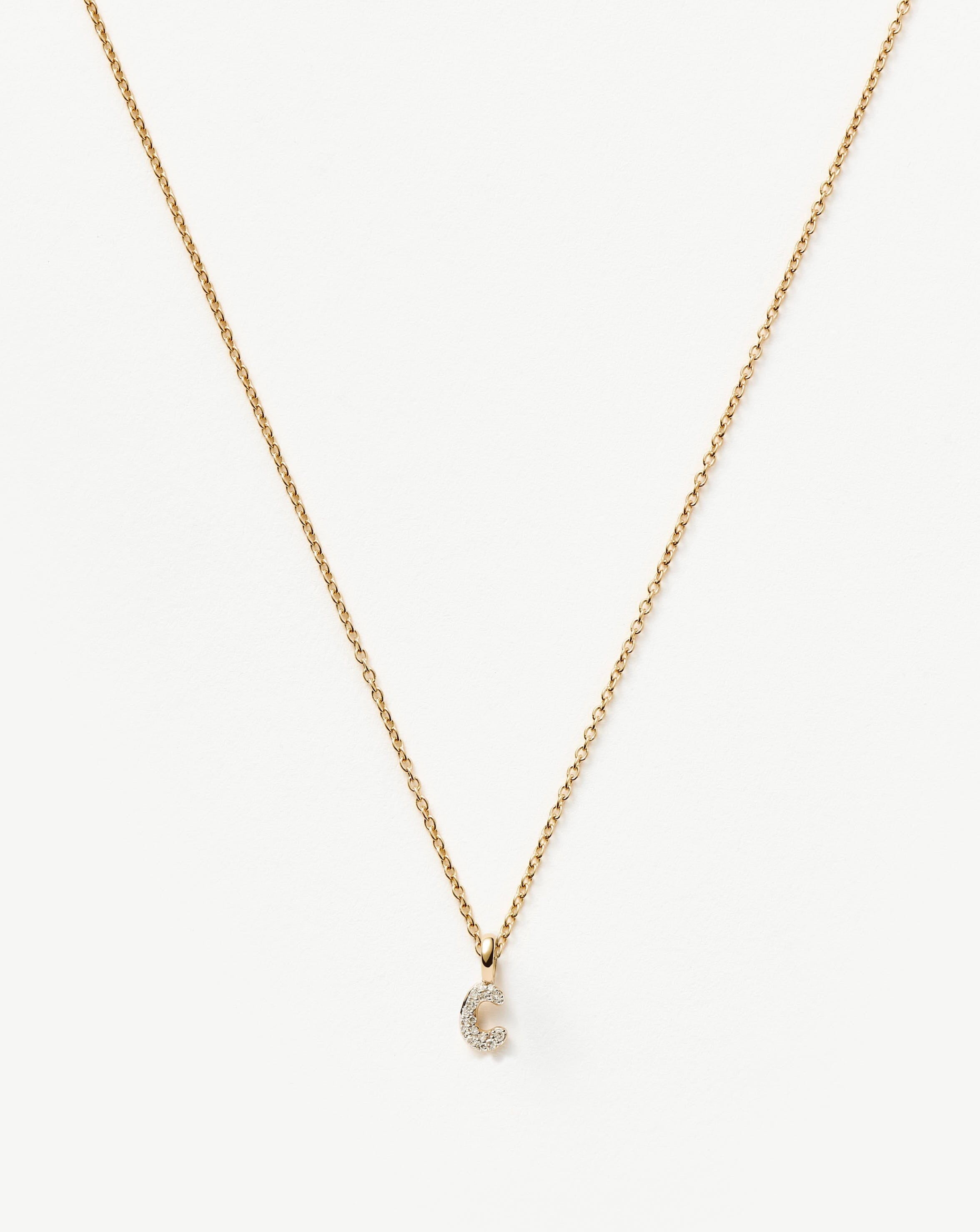 Fine Diamond Initial Mini Pendant Necklace - C | 14k Solid Yellow Gold Plated/Diamond