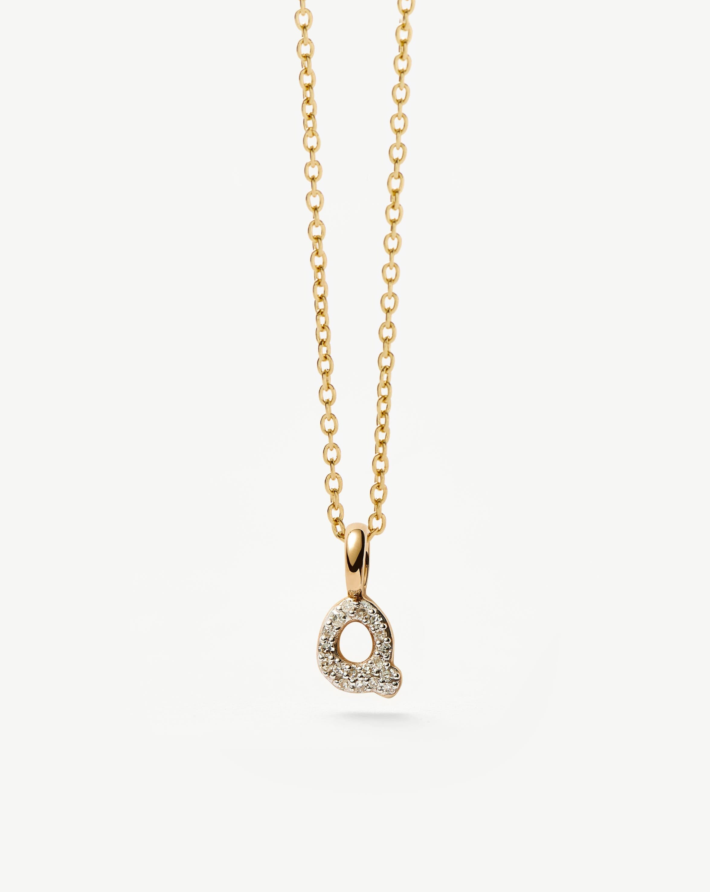 Fine Diamond Initial Mini Pendant Necklace - Q | 14k Solid Yellow Gold Plated/Diamond