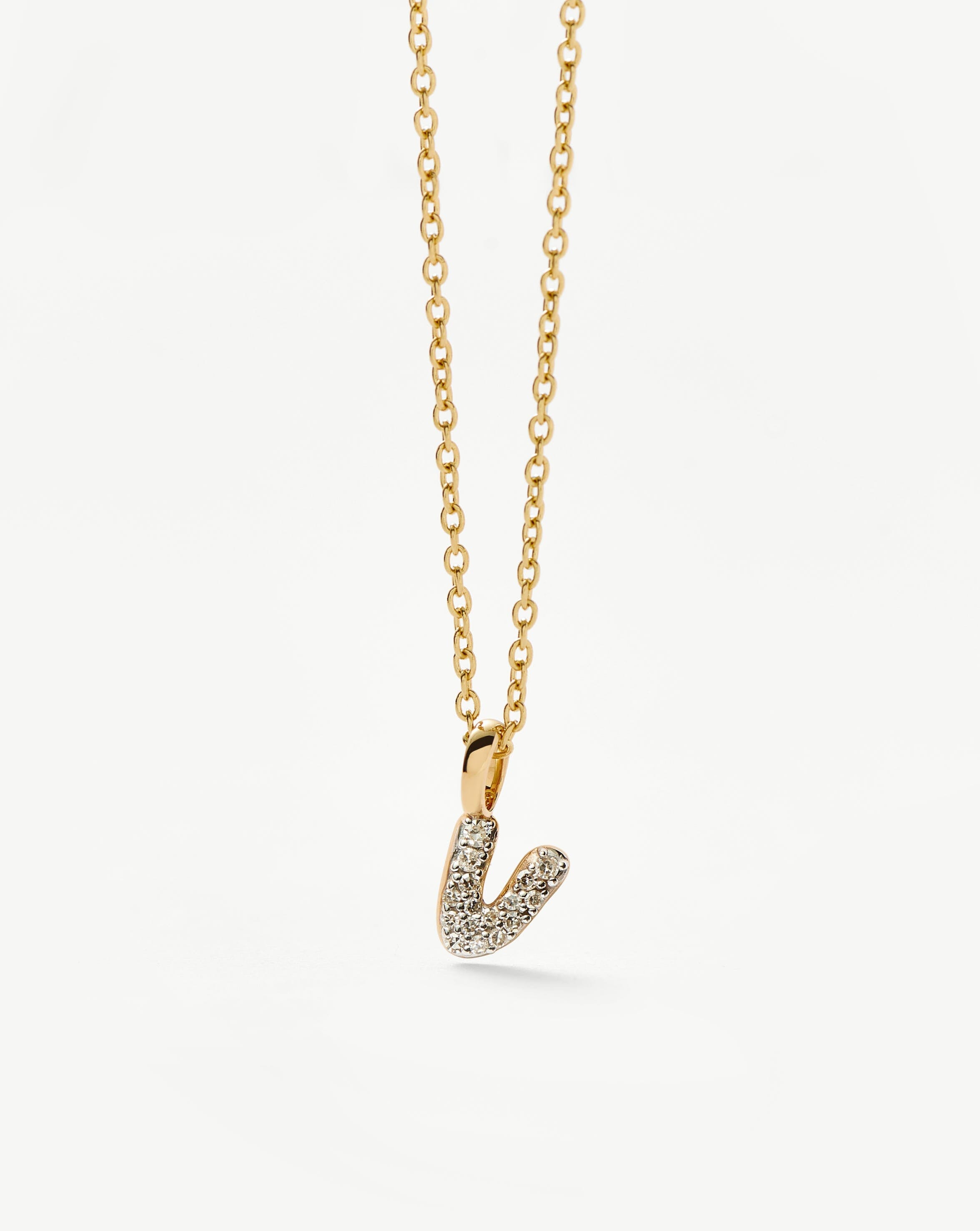 Fine Diamond Initial Mini Pendant Necklace - V | 14k Solid Yellow Gold Plated/Diamond