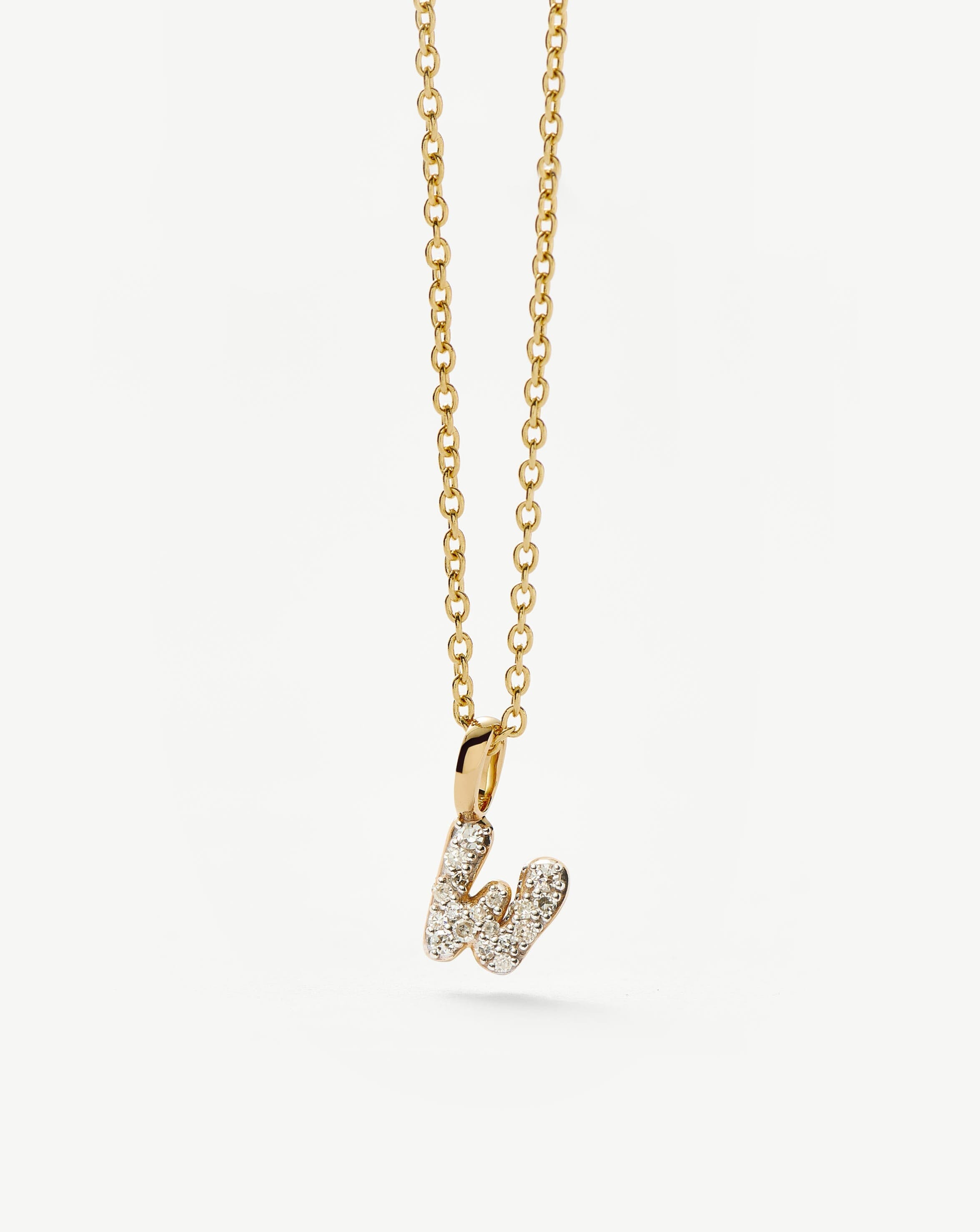 Fine Diamond Initial Mini Pendant Necklace - W | 14k Solid Yellow Gold Plated/Diamond