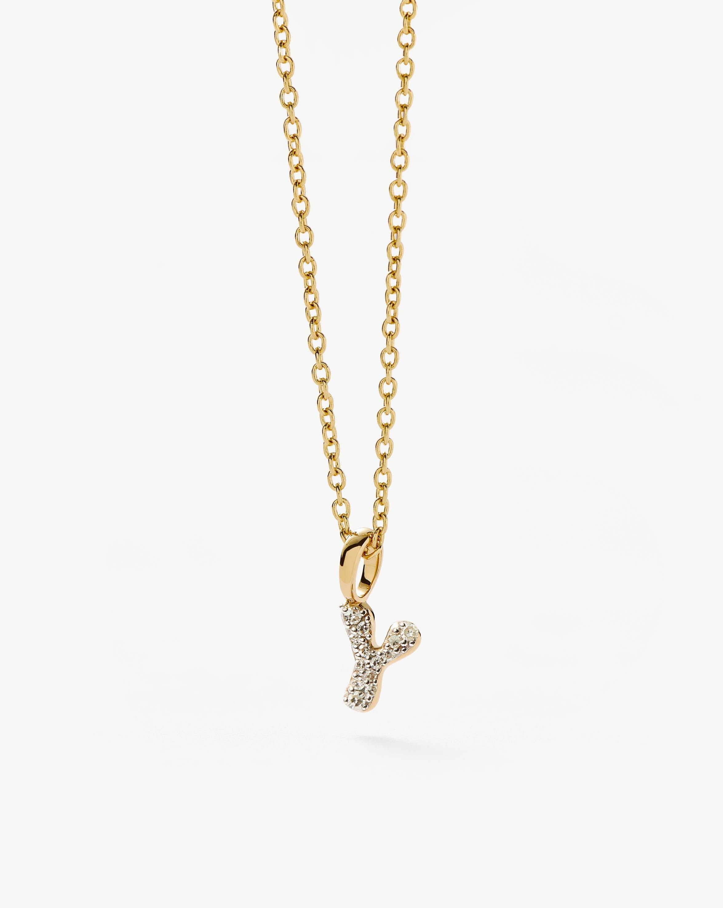 Fine Diamond Initial Mini Pendant Necklace - Y | 14k Solid Yellow Gold Plated/Diamond