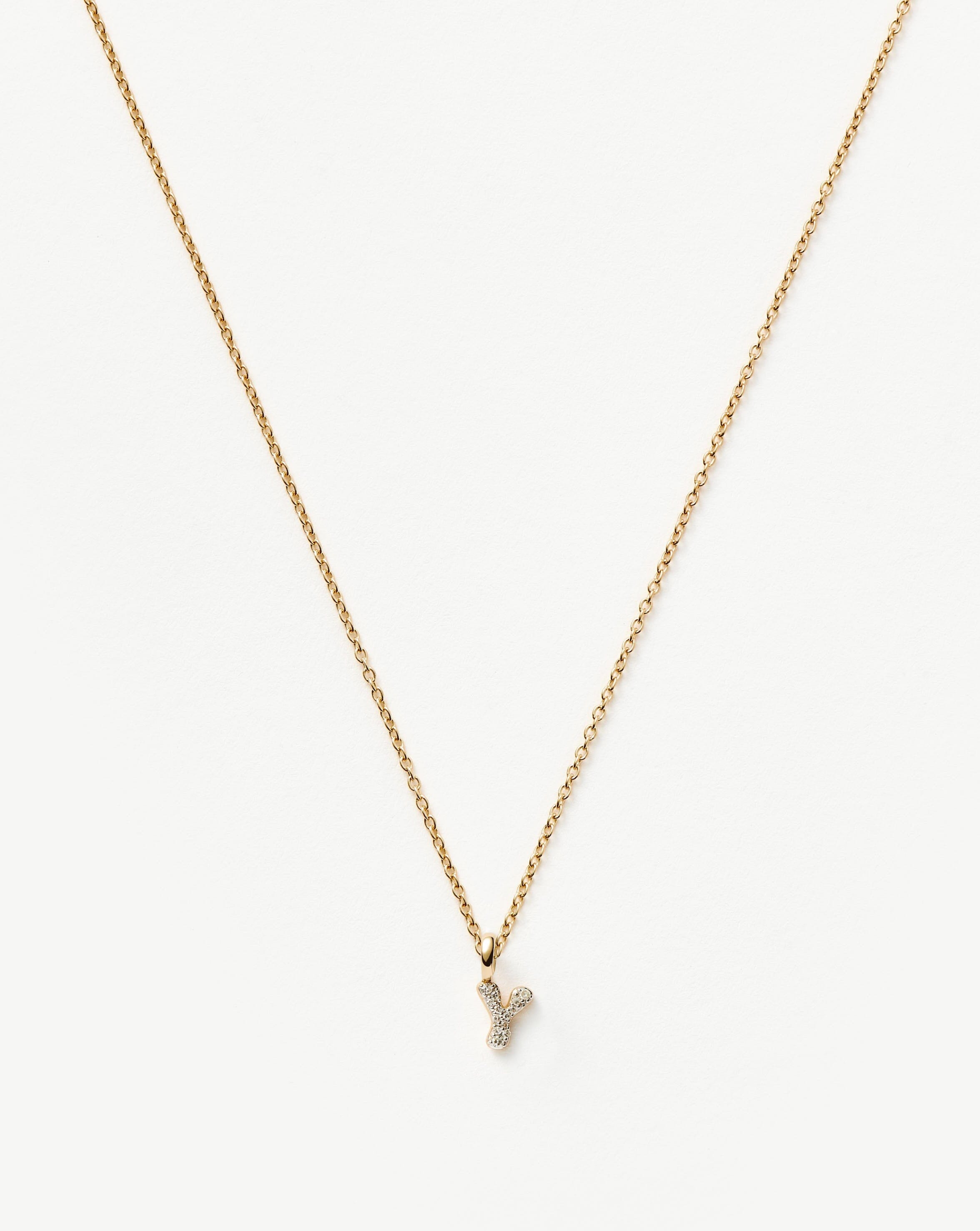 Fine Diamond Initial Mini Pendant Necklace - Y | 14k Solid Yellow Gold Plated/Diamond