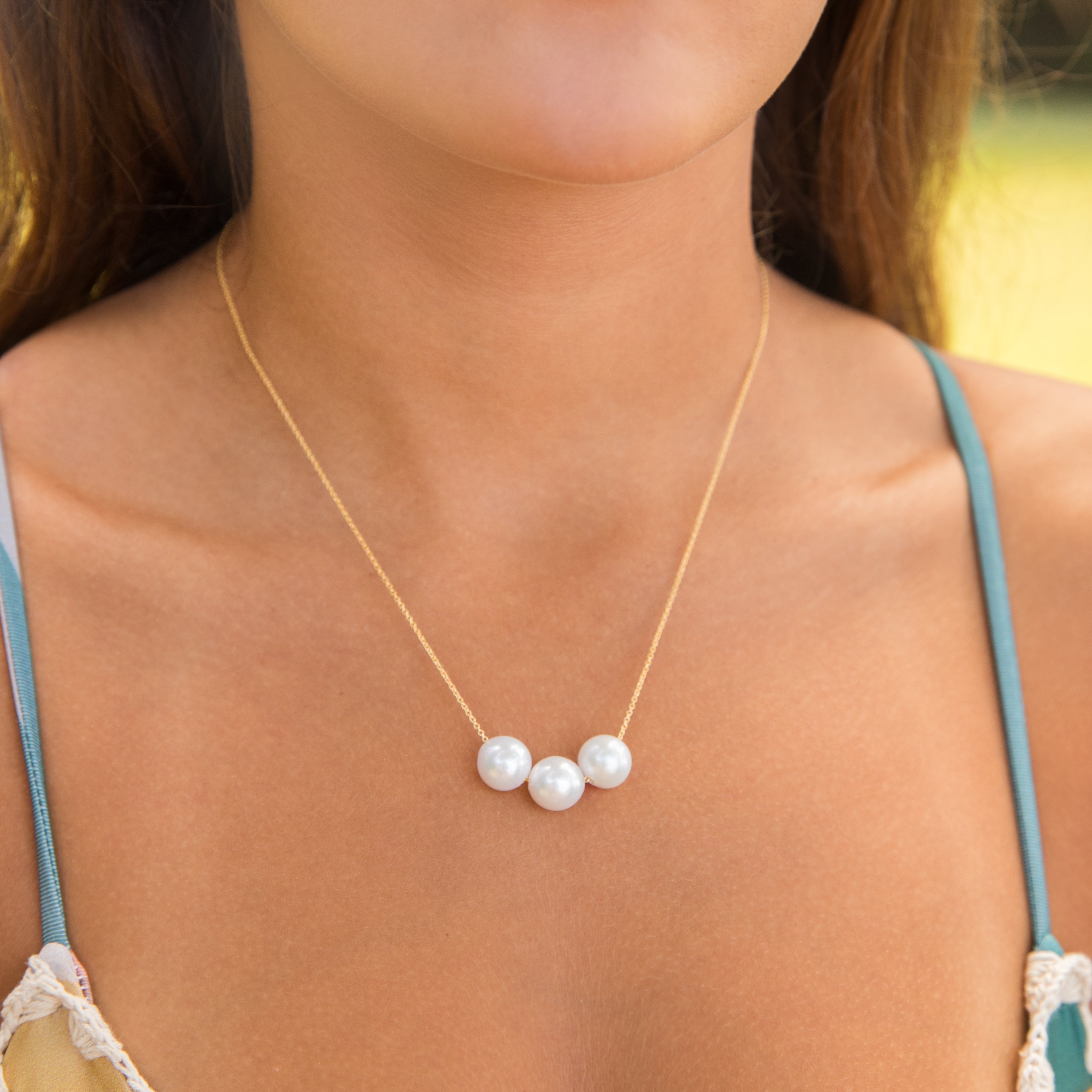 Floating Triple White Edison Pearl Necklace 14kt Gold