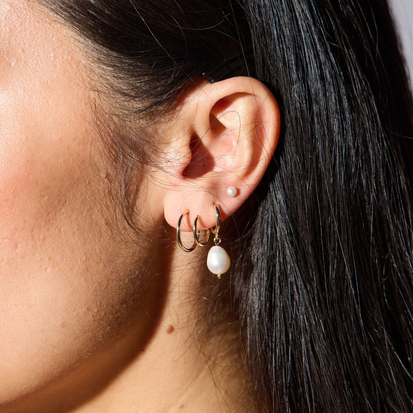 Gold Pearl Drop Hoop Earrings