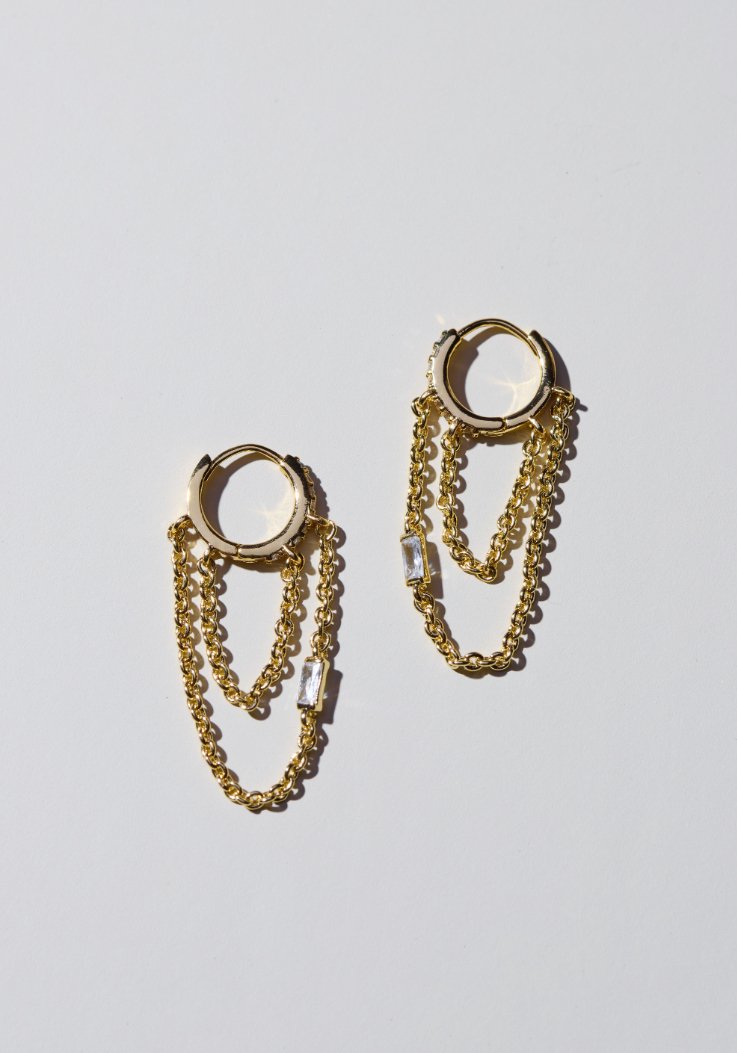 Gold Huggie Earrings with Thea Chain Design