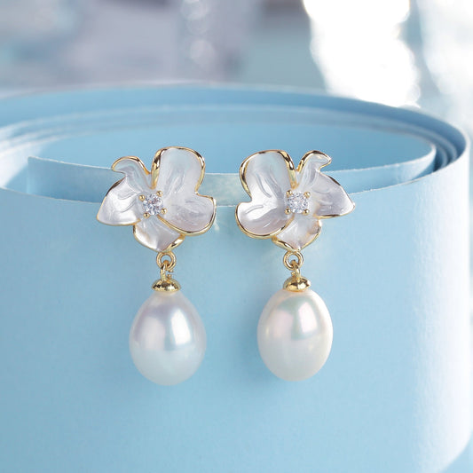 Enamel Pearl Drop Earrings in Magnolia Style