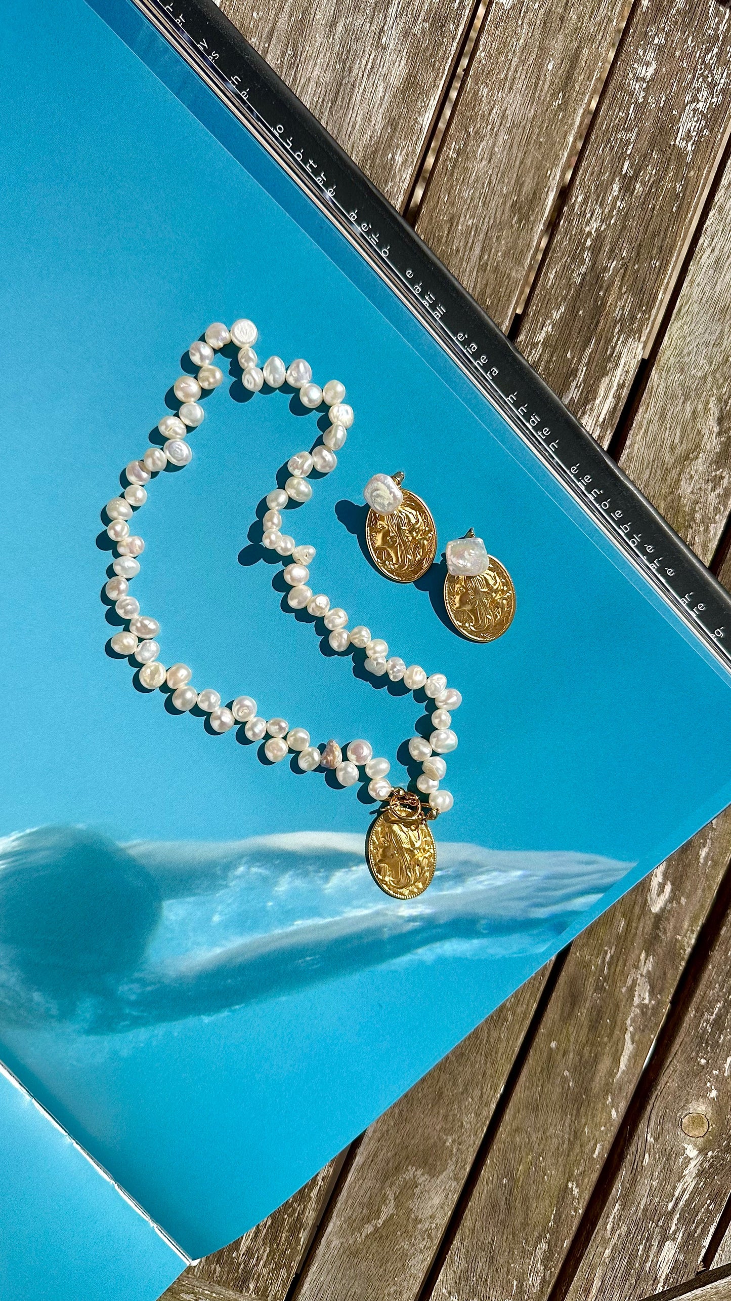 Gold Coin Pearl Necklace and Earrings Set