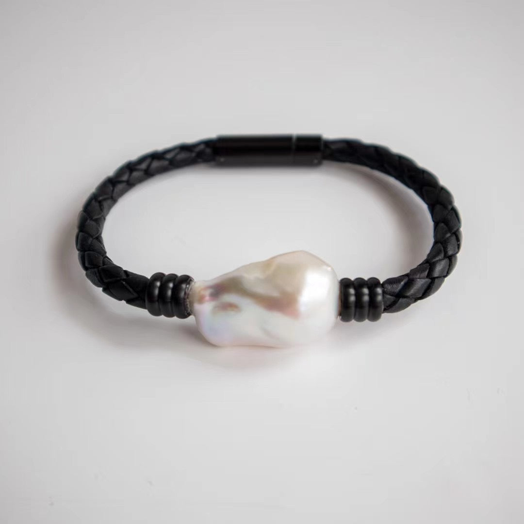 Large Baroque Pearl Bracelet with Stainless Steel Leather