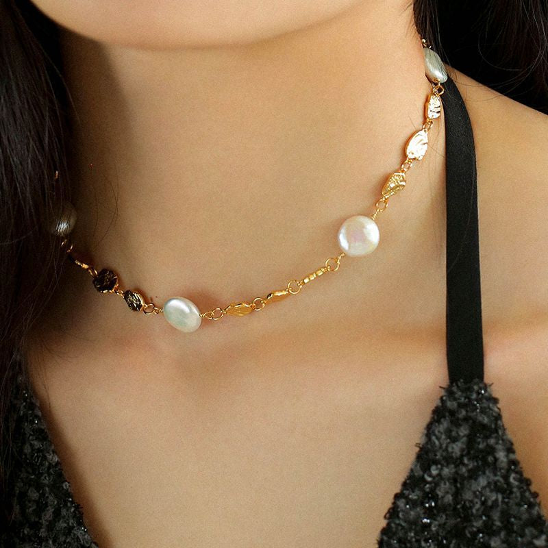 Irregular Gold Coin and Pearl Drop Necklace