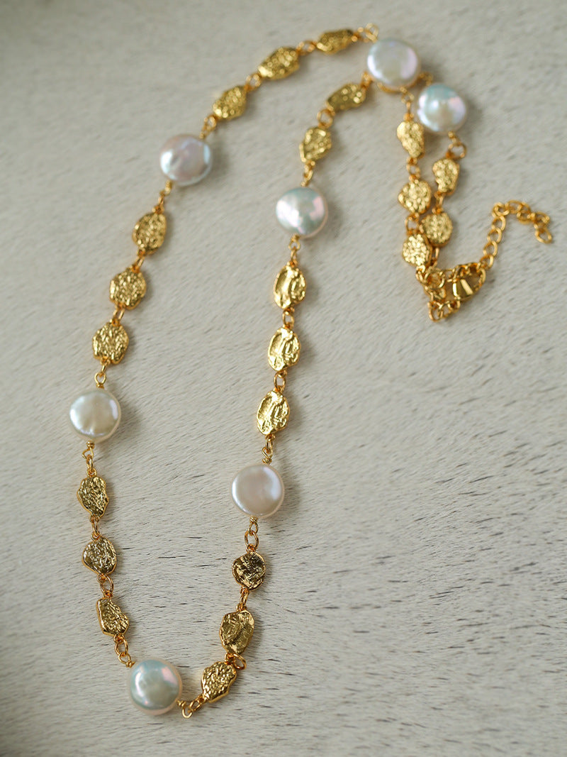 Irregular Gold Coin and Pearl Drop Necklace