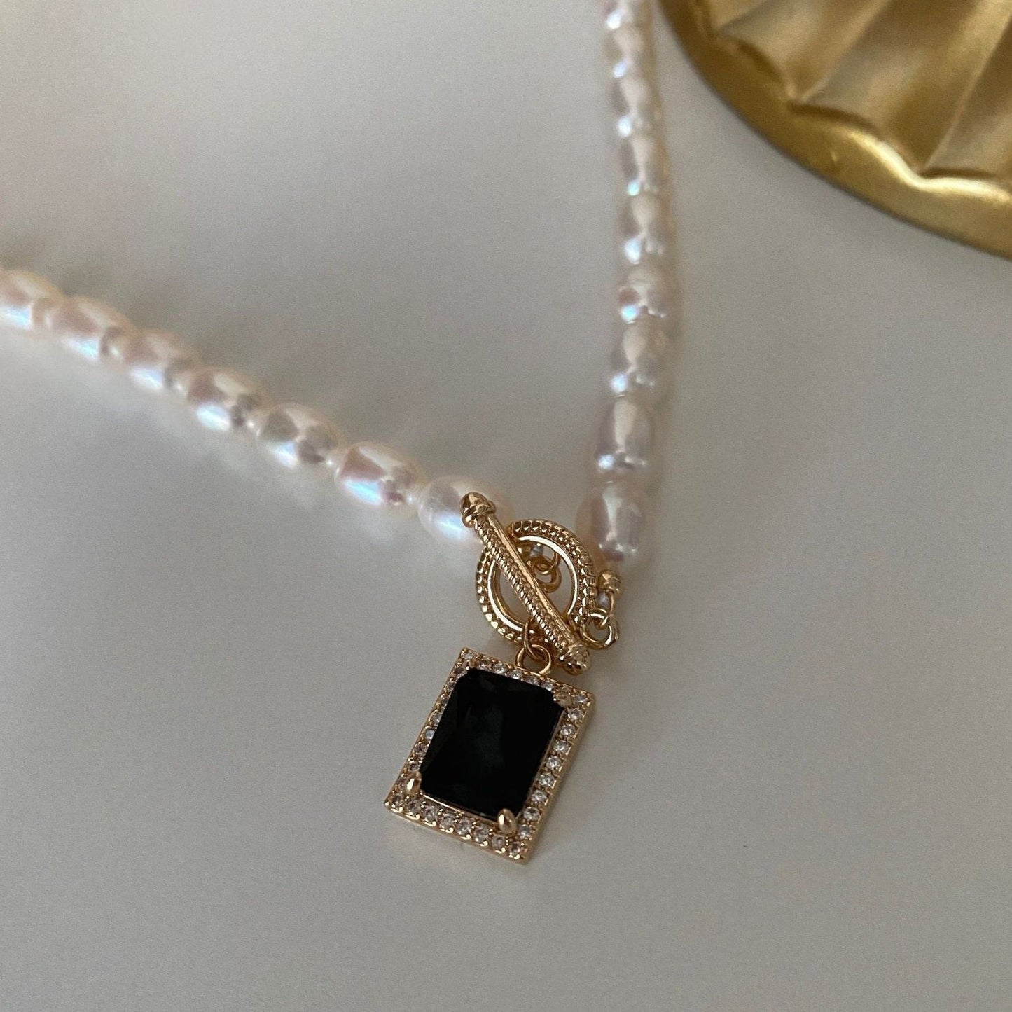 Square Black Pendant Necklace with Pearl