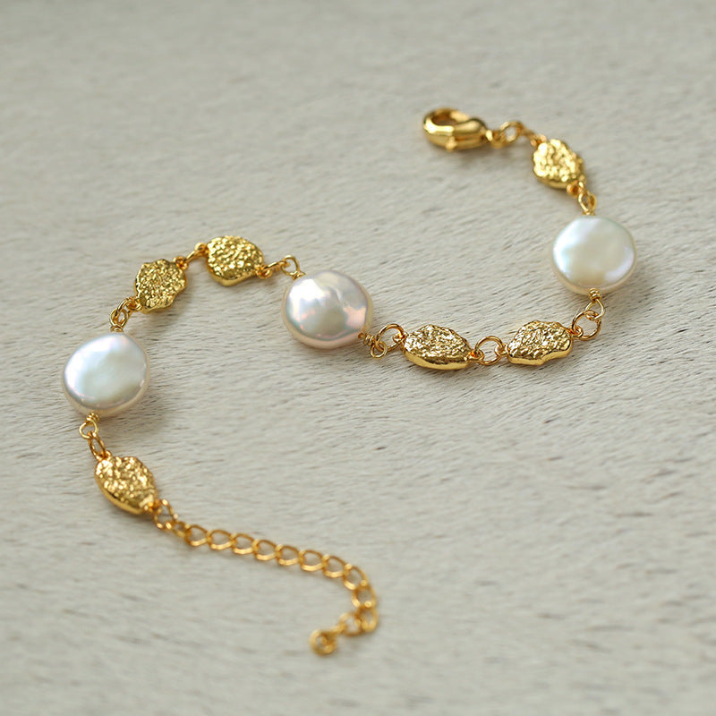 Irregular Gold Coin and Pearl Drop Necklace