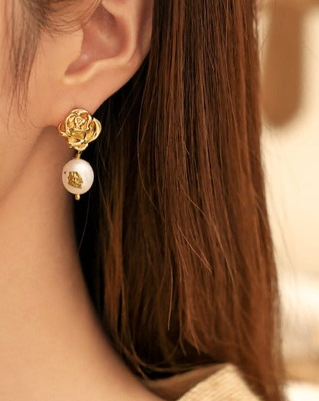 Gold Foil Rose Flower Earrings