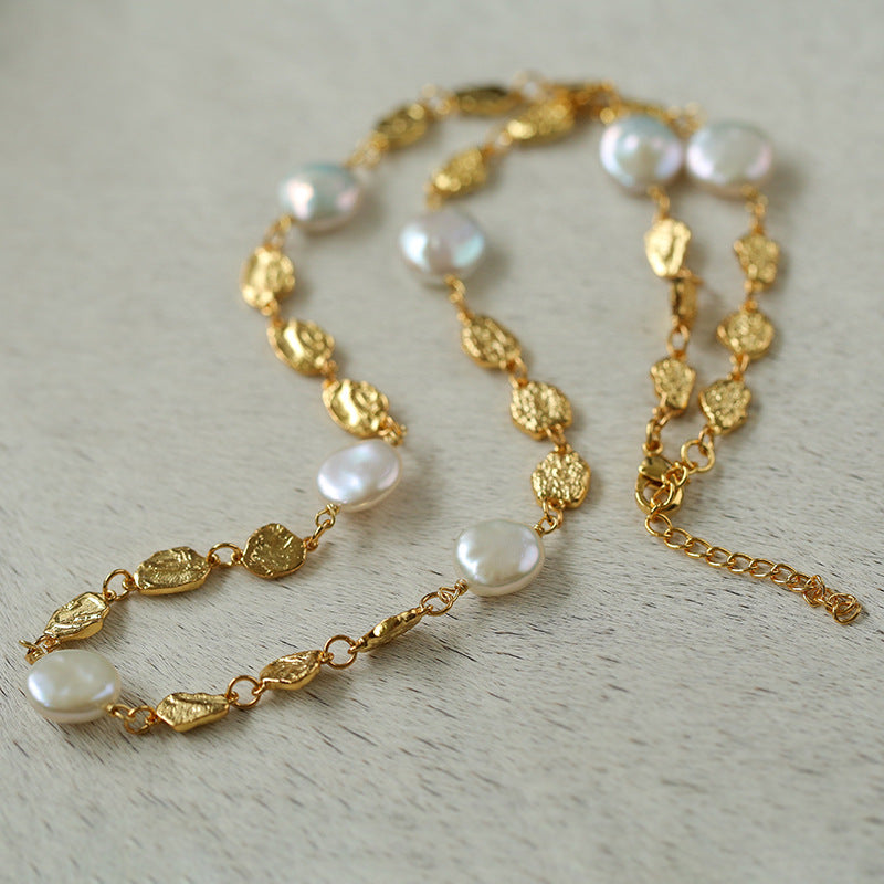 Irregular Gold Coin and Pearl Drop Necklace