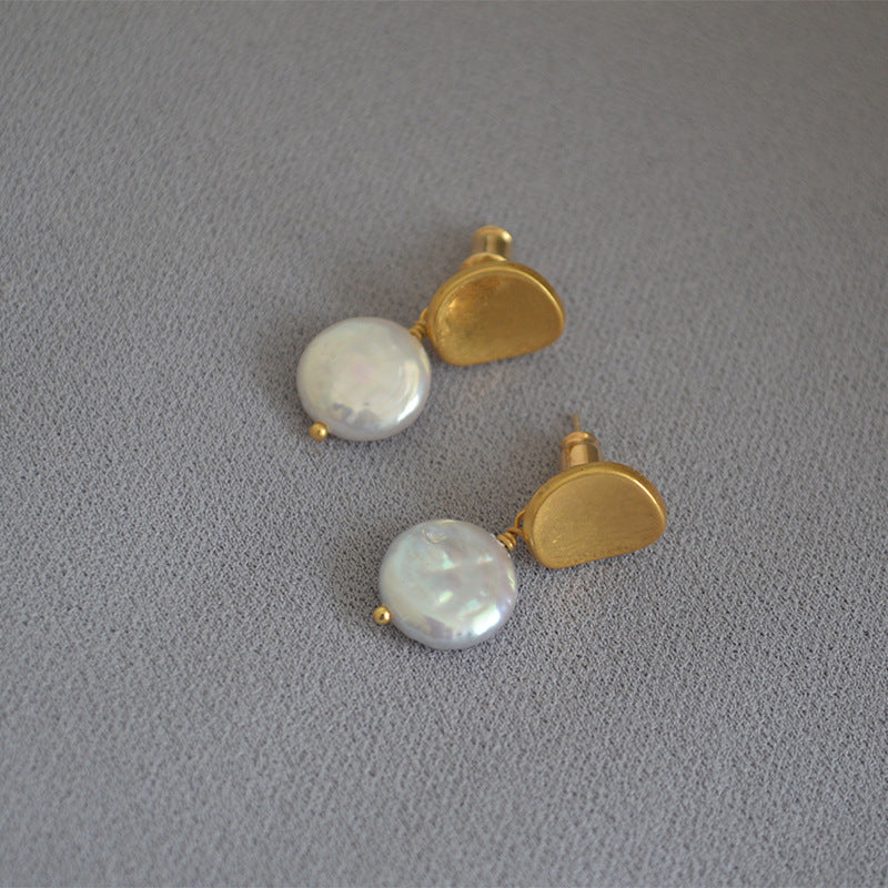 Gold Button Pearl Earrings