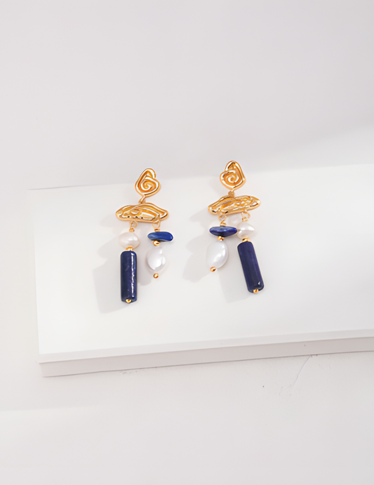 Retro Abstract Lapis Lazuli Pearl Earrings 1