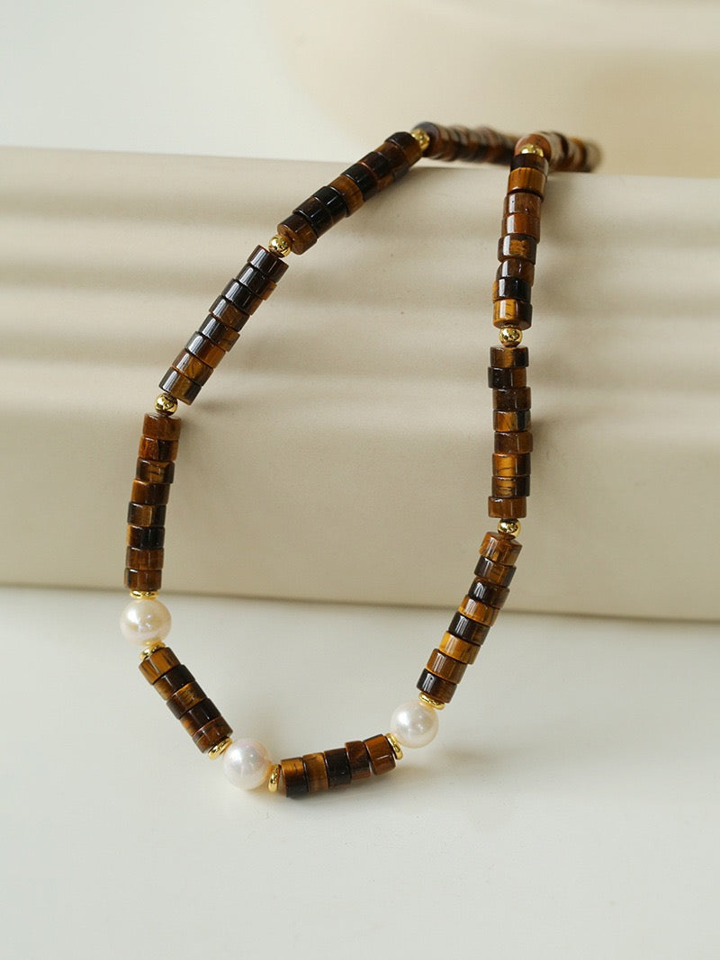 Tiger's Eye Gemstone Pearl Necklace