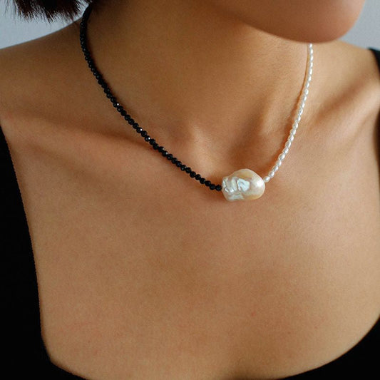 Large Baroque Pearl Necklace with Black Gems