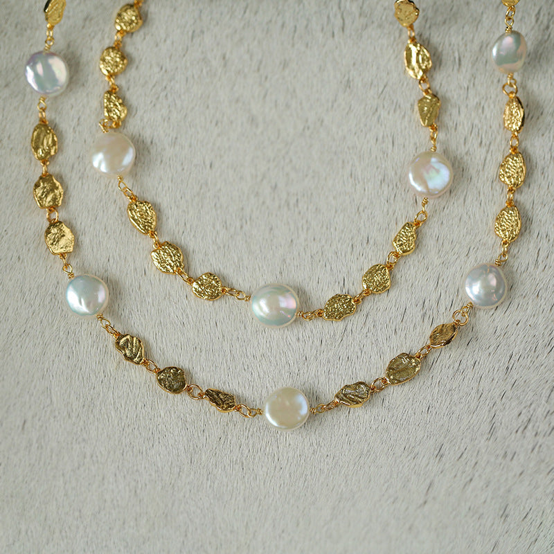 Irregular Gold Coin and Pearl Drop Necklace