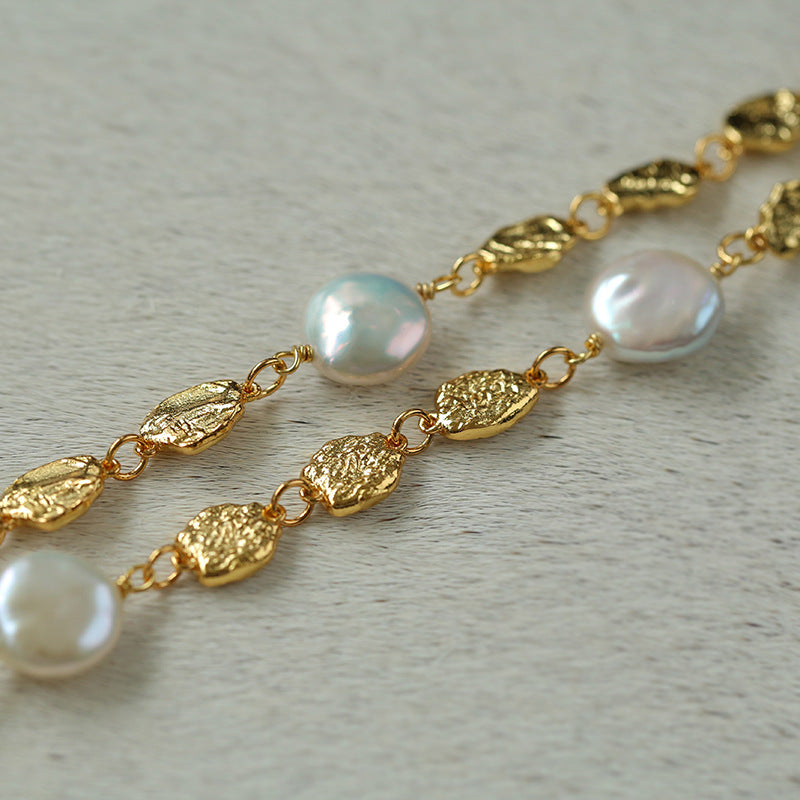 Irregular Gold Coin and Pearl Drop Necklace