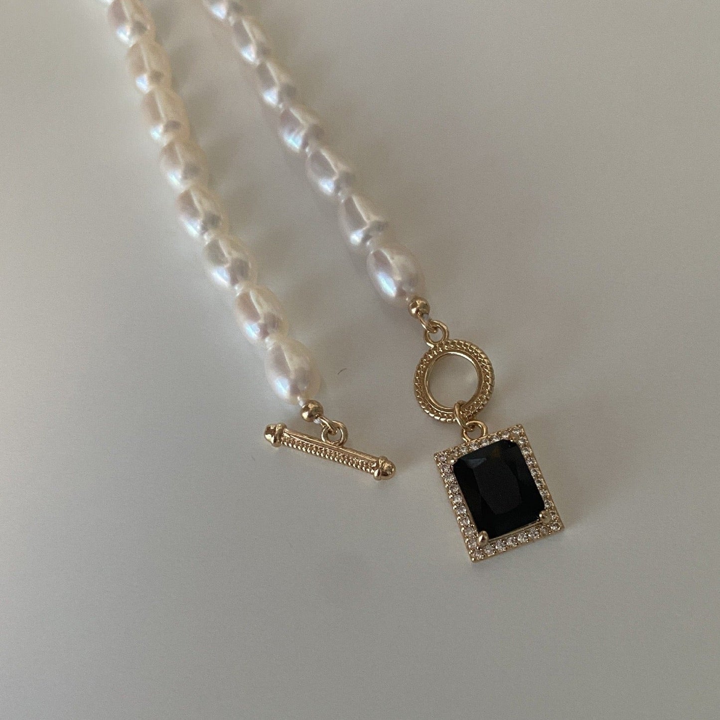 Square Black Pendant Necklace with Pearl