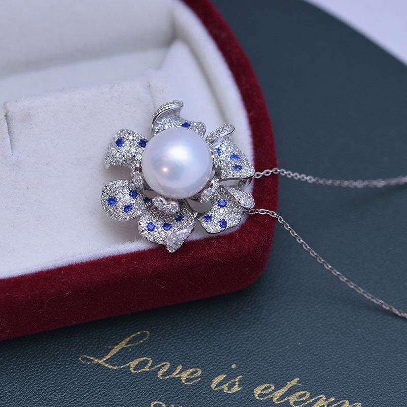 Freshwater Pearl and Blue Gem Necklace with CZ