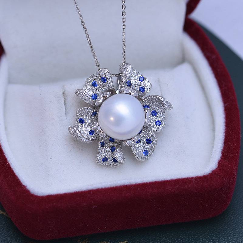 Freshwater Pearl and Blue Gem Necklace with CZ