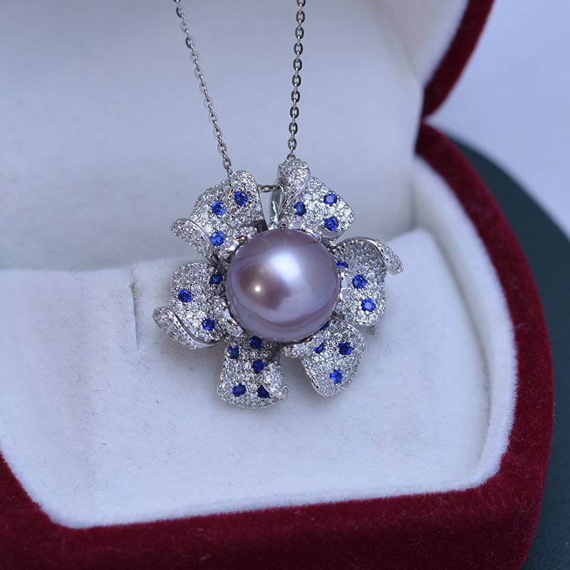 Freshwater Pearl and Blue Gem Necklace with CZ