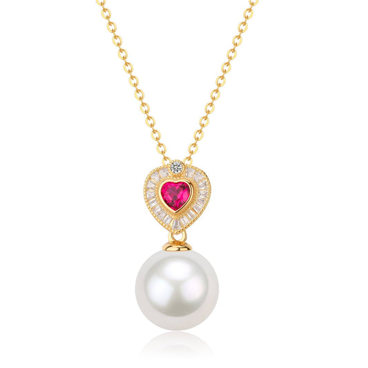 Freshwater Pearl and Red Gem Heart Necklace