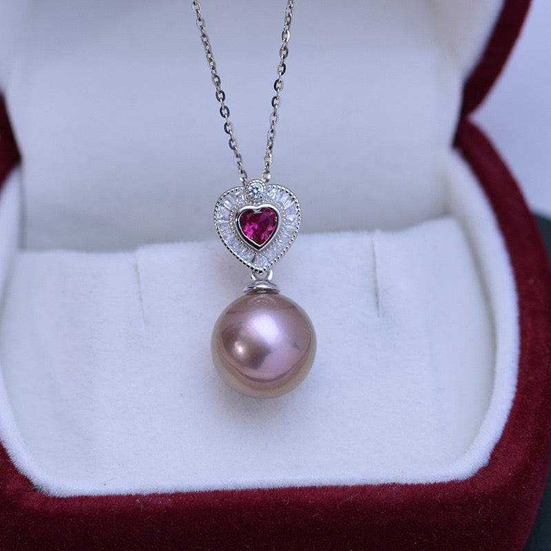 Freshwater Pearl and Red Gem Heart Necklace