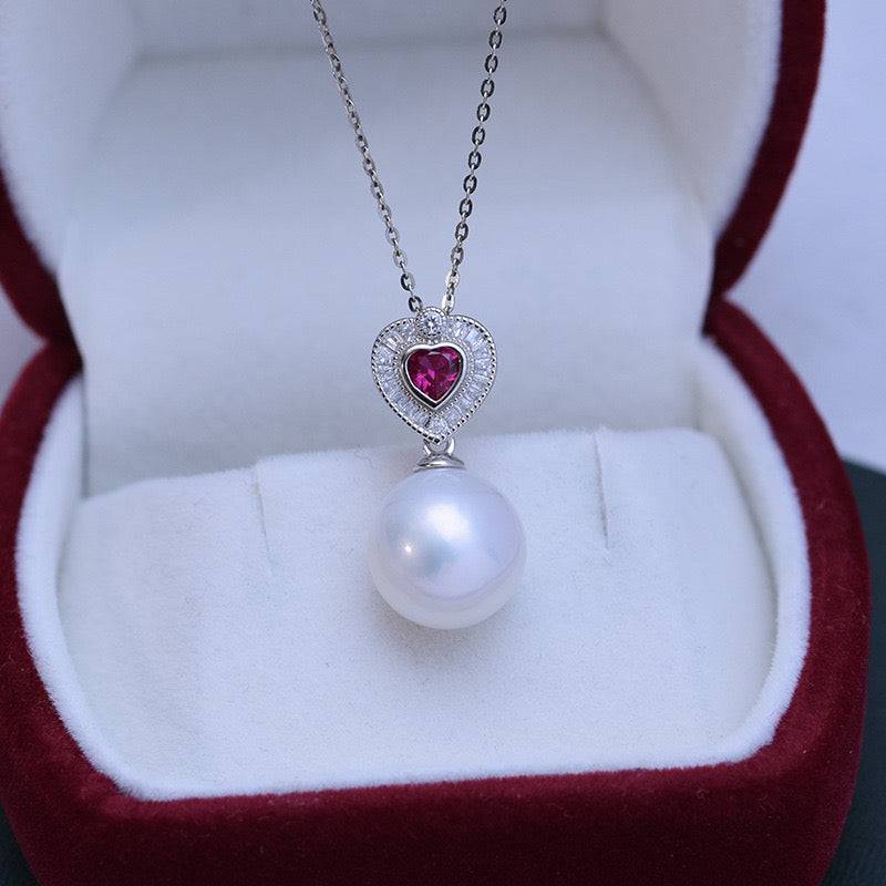 Freshwater Pearl and Red Gem Heart Necklace