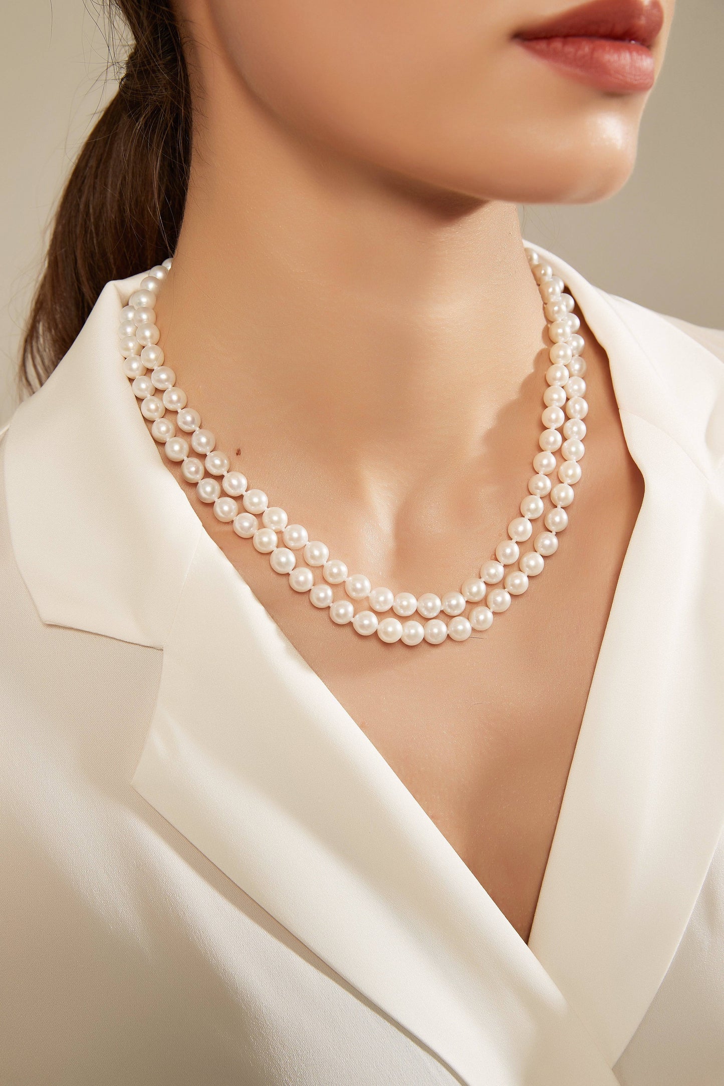 Double Strand White Freshwater Pearl Necklace 7.5-8.0mm 2