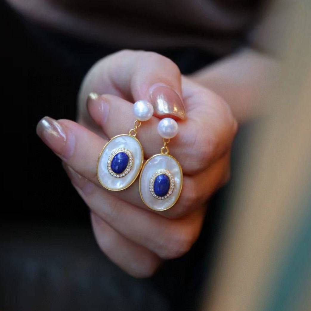 Lapis Lazuli and Mother of Pearls Pendant Necklace and Earrings