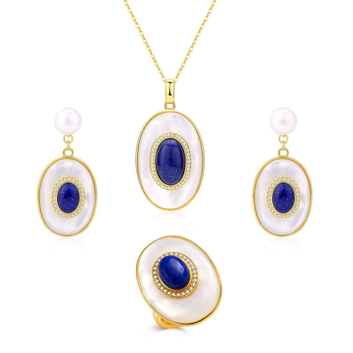 Lapis Lazuli and Mother of Pearls Pendant Necklace and Earrings