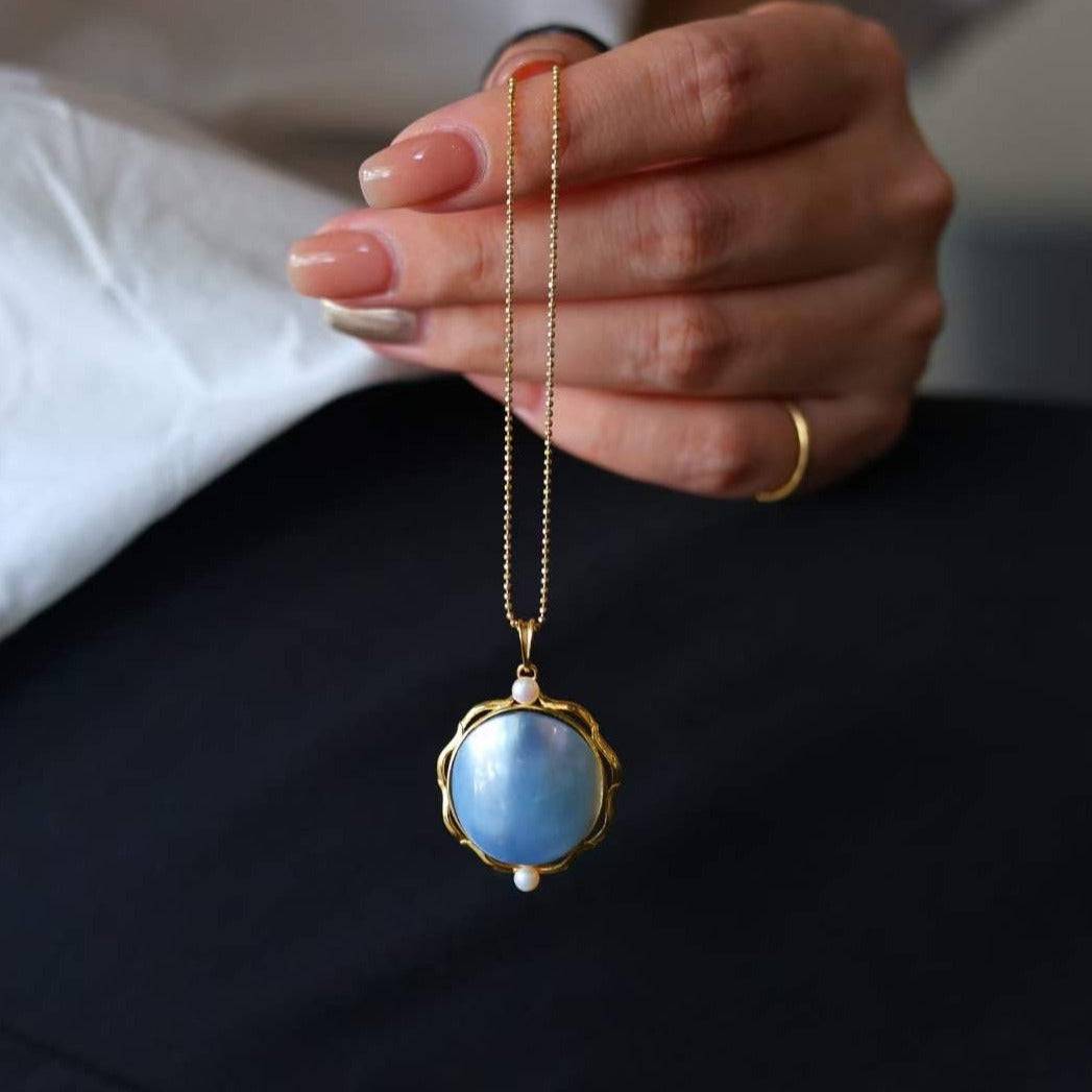 Round Blue Mabe Pendant Necklace in Gold Vermeil