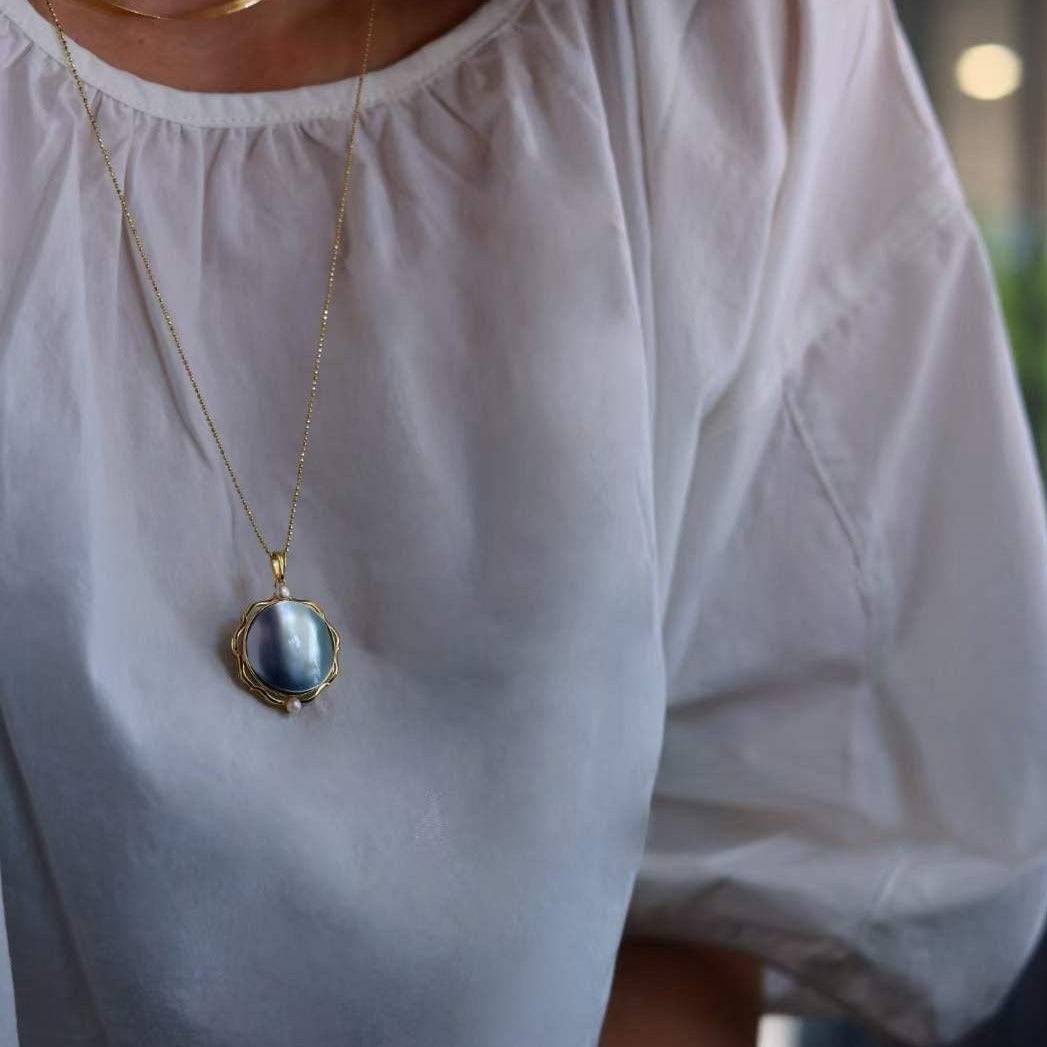 Round Blue Mabe Pendant Necklace in Gold Vermeil