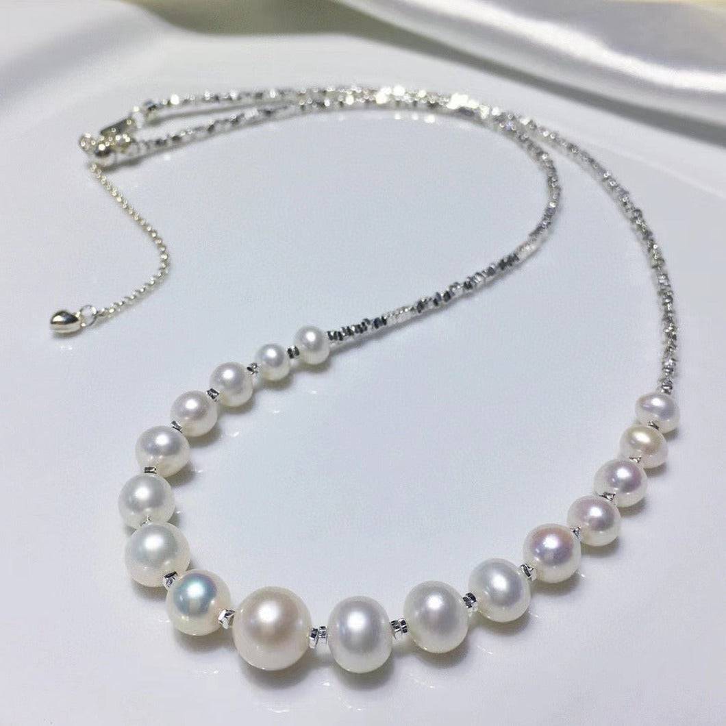 Silver Shards Necklace with Freshwater White Pearls