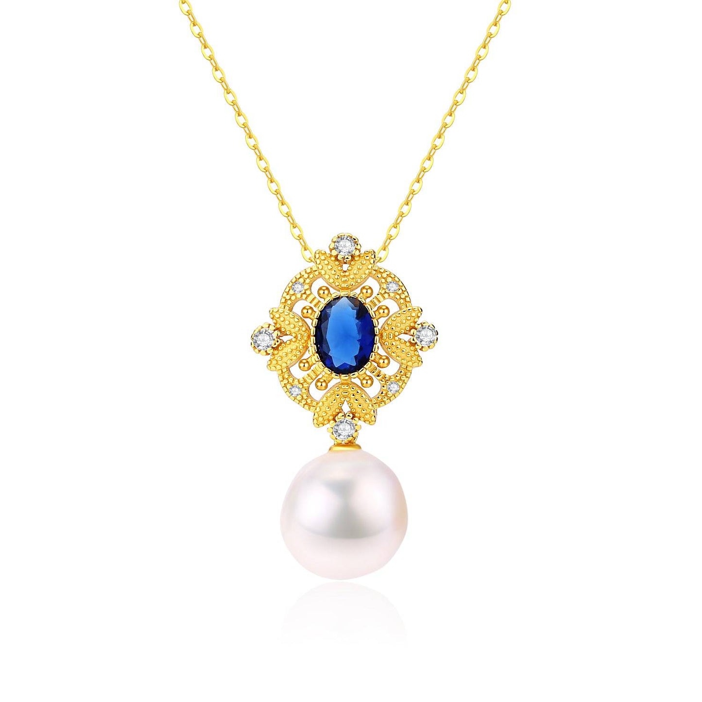 Vintage Baroque Pearls Necklace in Gold Vermeil with Sapphire