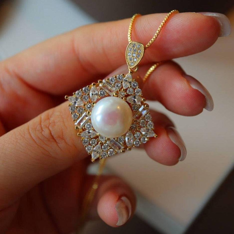 Square Pendant Set with CZ and Freshwater Pearl