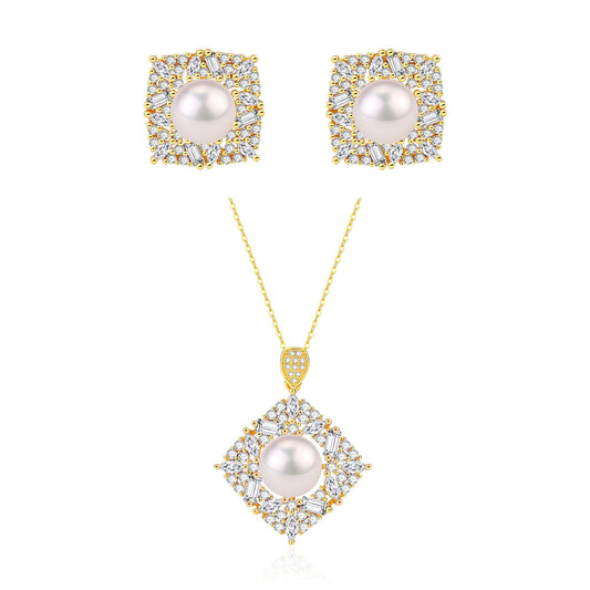 Square Pendant Set with CZ and Freshwater Pearl